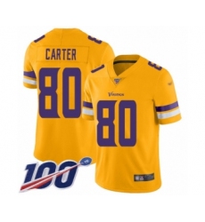 Men's Minnesota Vikings #80 Cris Carter Limited Gold Inverted Legend 100th Season Football Jersey
