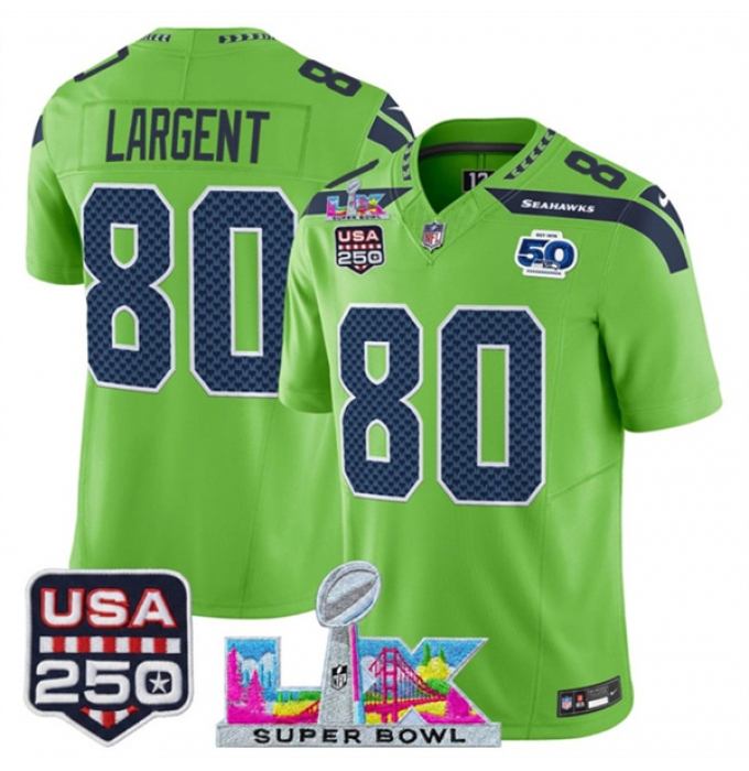 Men's Seattle Seahawks #80 Steve Largent Green 2025 F.U.S.E. Super Bowl LX And 50th Season & USA 250 Vapor Limited Football Stitched Jersey
