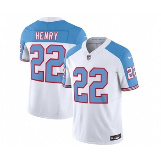 Men's Nike Tennessee Titans #22 Derrick Henry White Blue 2023 F.U.S.E. Vapor Limited Throwback Football Stitched Jersey Men's Nike Tennessee Titans #22 Derrick Henry White Blue 2023 F.U.S.E. Vapor Limited Throwback Football Stitched Jersey