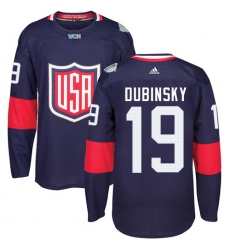 Men's Adidas Team USA #19 Brandon Dubinsky Authentic Navy Blue Away 2016 World Cup Ice Hockey Jersey