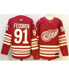 Men's Detroit Red Wings #91 Sergei Fedorov Red 2025-26 Centennial Premium Stitched Hockey Jersey