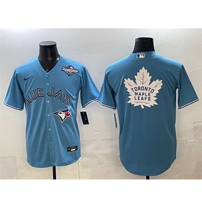 Men's Toronto Blue Jays & Leafs Blue 2025 World Series With White Leafs Logo Cool Base Stitched Baseball Jersey