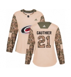 Women's Adidas Carolina Hurricanes #21 Julien Gauthier Authentic Camo Veterans Day Practice NHL Jersey