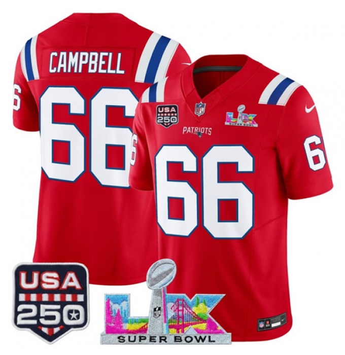 Men's New England Patriots #66 Will Campbell Red 2025 F.U.S.E. Super Bowl LX And USA 250 Vapor Limited Football Stitched Jersey