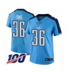 Women's Tennessee Titans #36 LeShaun Sims Limited Light Blue Rush Vapor Untouchable 100th Season Football Jersey