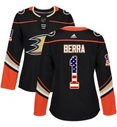 Women's Adidas Anaheim Ducks #1 Reto Berra Authentic Black USA Flag Fashion NHL Jersey