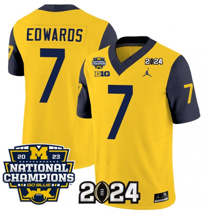 Men's Michigan Wolverines #7 Donovan Edwards Yellow Navy 2024 F.U.S.E. With 2023 National Champions Stitched Jersey