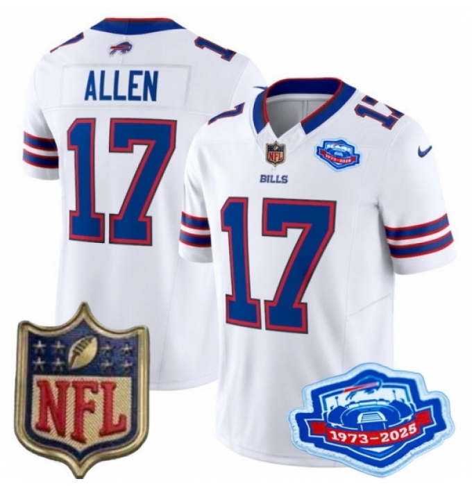 Men's Buffalo Bills 17 Josh Allen White 2025 F U S E Farewell Season Gold Shield Patch Stitched Football Jersey
