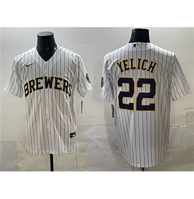 Men's Milwaukee Brewers #22 Christian Yelich White Pinstripe 2025 With Stitched Jersey
