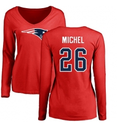 NFL Women's Nike New England Patriots #26 Sony Michel Red Name & Number Logo Slim Fit Long Sleeve T-Shirt