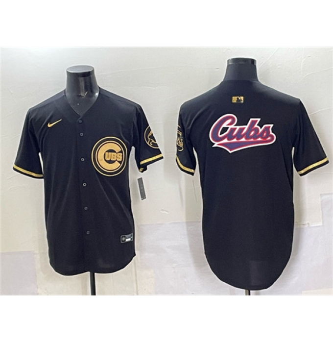 Men's Chicago Cubs Team Big Logo Black Gold Limited Stitched Baseball Jersey