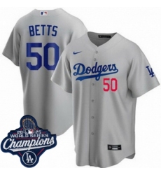 Men's Los Angeles Dodgers 50 Mookie Betts Cool Base 2025 World Champions Stitched Baseball Jersey Gray