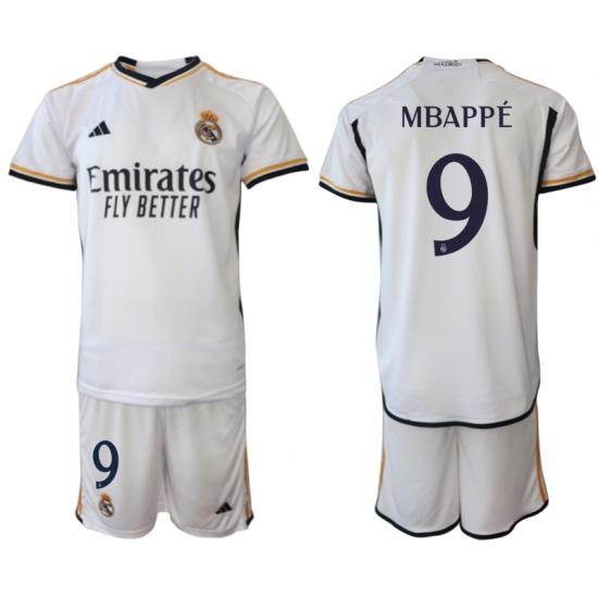 Men's Real Madrid 9 Mbappe 202324 White Home Soccer Jersey