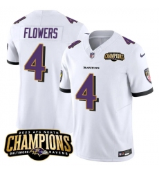 Men's Baltimore Ravens #4 Zay Flowers White 2023 F.U.S.E. AFC North Champions Vapor Limited Football Stitched Jersey Men's Baltimore Ravens #4 Zay Flowers White 2023 F.U.S.E. AFC North Champions Vapor Limited Football Stitched Jersey