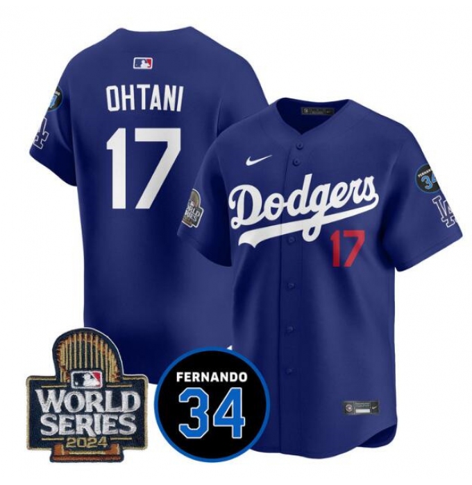Men's Los Angeles Dodgers #17 Shohei Ohtani Royal 2024 World Series With Fernando Memorial Limited Stitched Baseball Jersey
