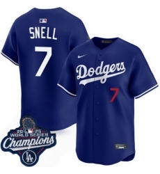 Men's Los Angeles Dodgers 7 Blake Snell Cool Base 2025 World Champions Stitched Baseball Jersey Blue