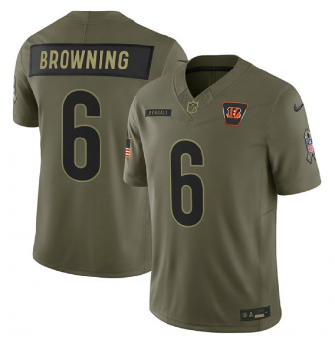 Men's Cincinnati Bengals #6 Jake Browning Olive 2025 Salute to Service Limited Football Stitched Jersey
