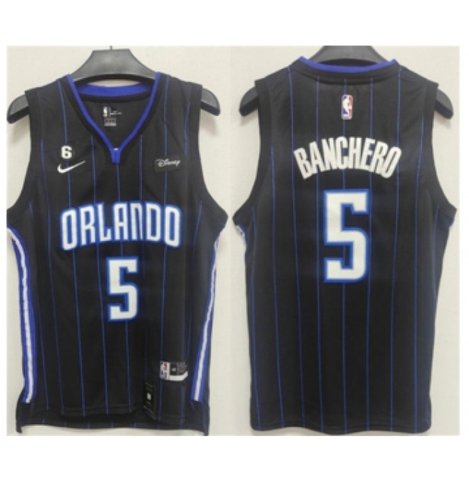 Men's Orlando Magic #5 Paolo Banchero Black With No.6 Patch Icon Edition Stitched Swingman Jersey