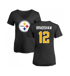 Football Women's Pittsburgh Steelers #12 Terry Bradshaw Black Name & Number Logo Slim Fit T-Shirt