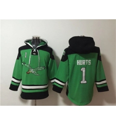 Men's Philadelphia Eagles #1 Jalen Hurts Green Ageless Must-Have Lace-Up Pullover Hoodie