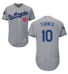 Men's Majestic Los Angeles Dodgers #10 Justin Turner Grey Road Flex Base Authentic Collection 2018 World Series MLB Jersey