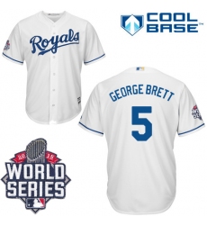 Men's Majestic Kansas City Royals #5 George Brett Authentic White Home Cool Base 2015 World Series Patch MLB Jersey