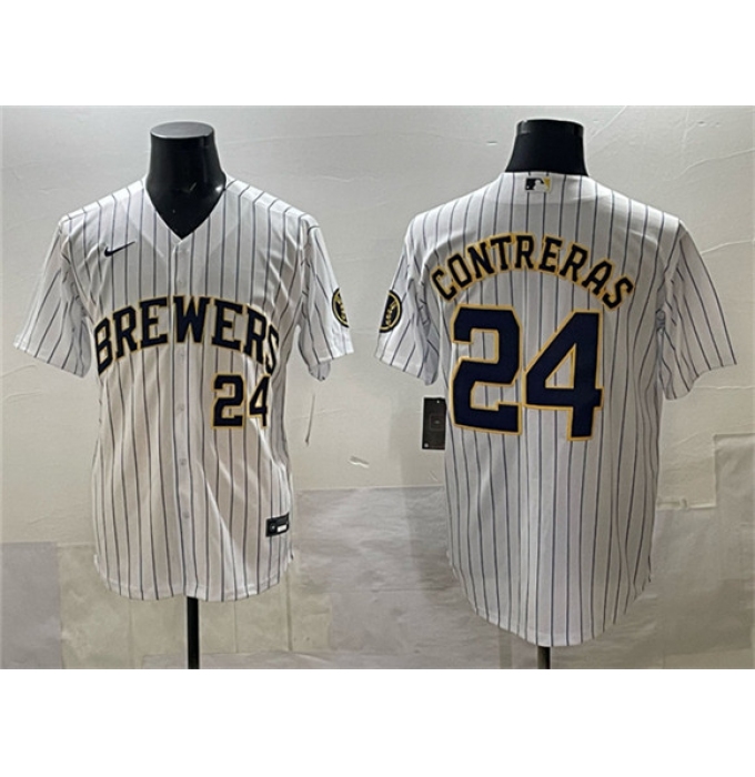 Men's Milwaukee Brewers #24 William Contreras White Pinstripe 2025 With Stitched Stitched Jersey