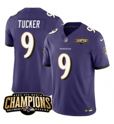 Men's Baltimore Ravens #9 Justin Tucker Purple 2023 F.U.S.E. AFC North Champions Vapor Limited Football Stitched Jersey